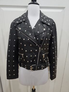 Forever 21 Punk Goth Black Silver Studded Faux Leather Zip Moto Jacket Coat S